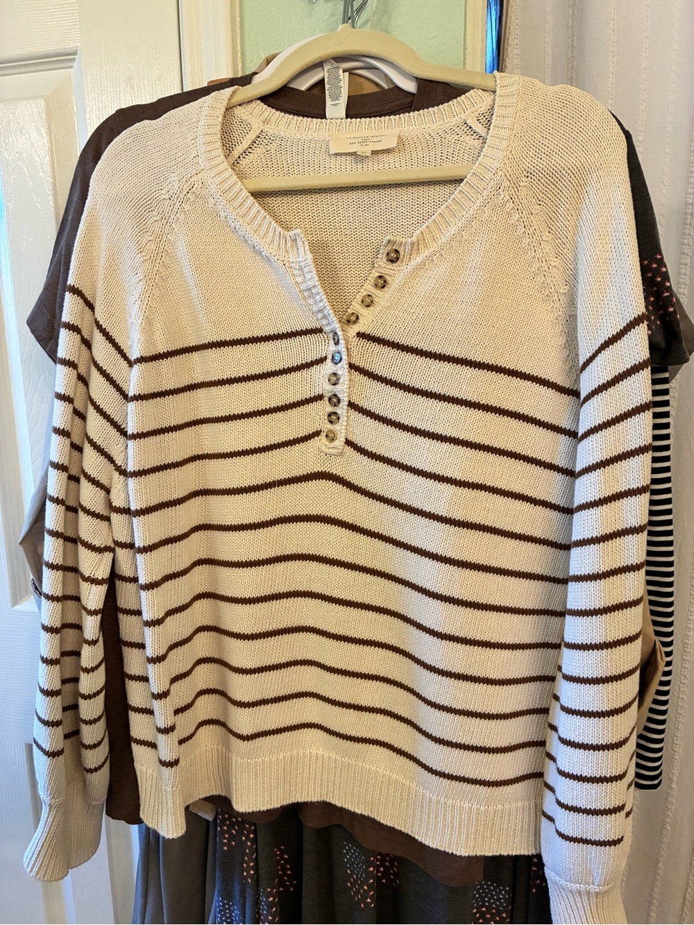 Sezane Cream and Brown Cotton Striped Henley Sweater